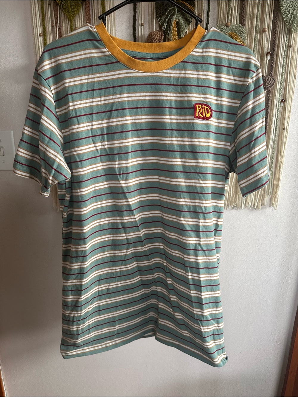 Dutch Bros Striped Tee in Teal, Mustard, White